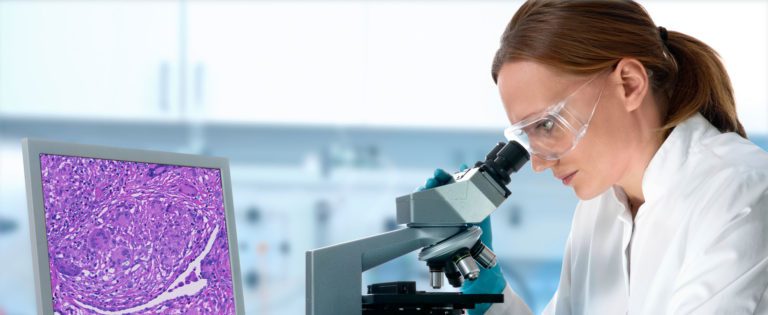 Woman in the laboratory looking through a microscope