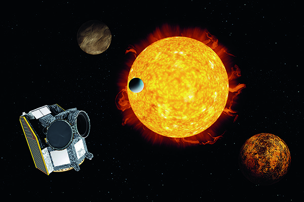 Weltraumteleskop CHEOPS neben Sonne und anderen Planeten im Weltall